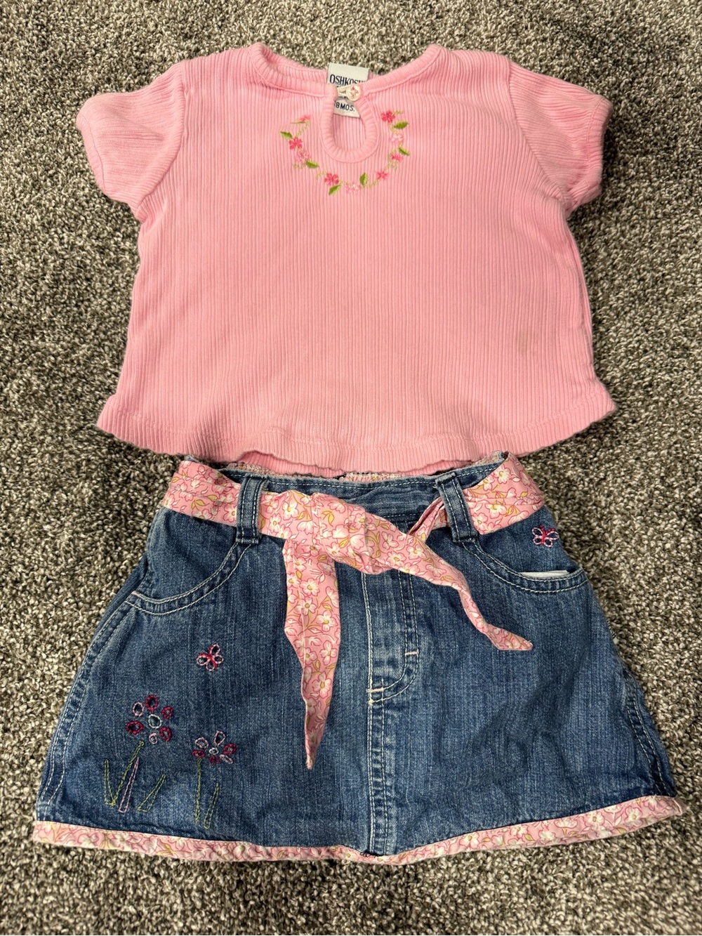 Vintage OshKosh B'gosh Pink Ribbed Top with Embroidered Denim Skirt Set